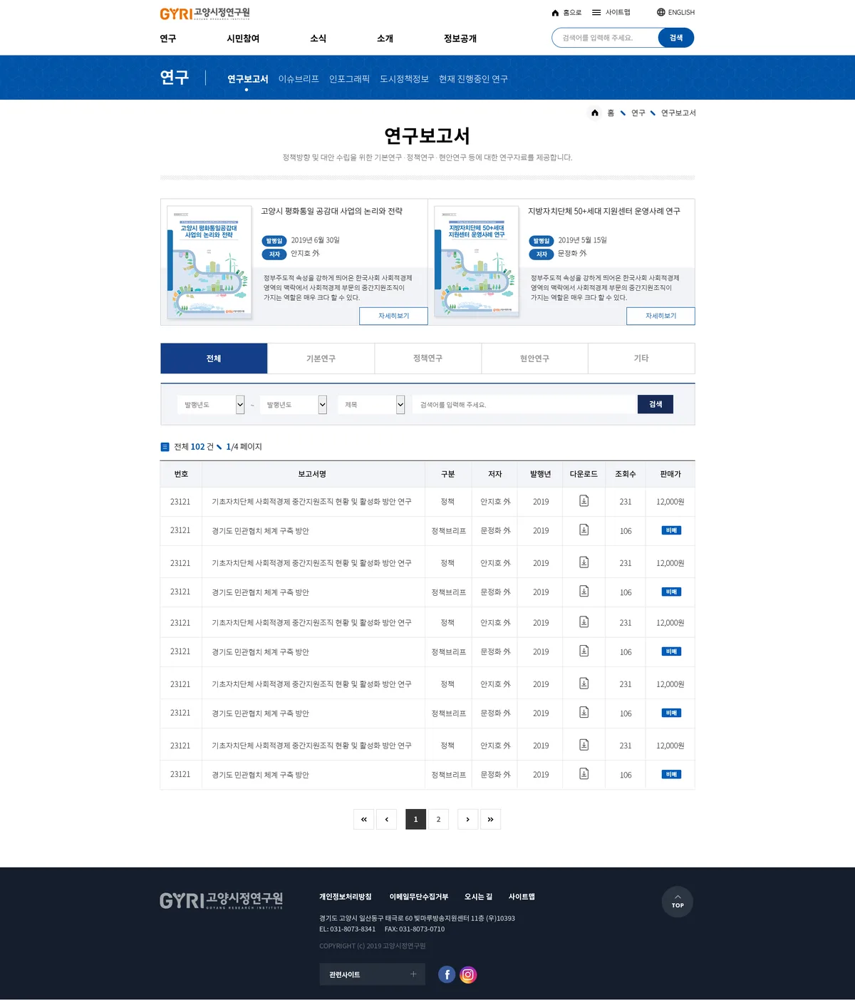 고양시정연구원 연구보고서 리스트 화면
