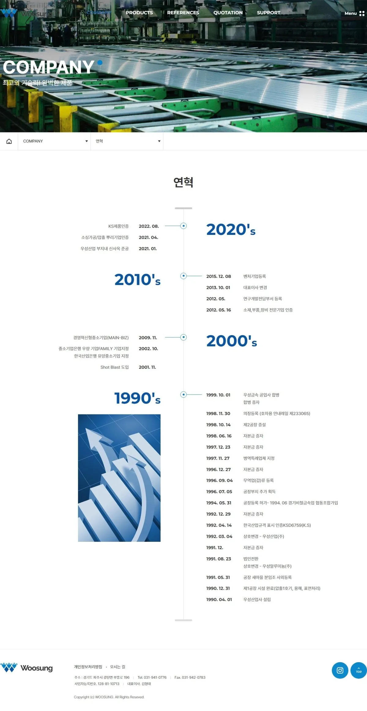 우성산업(주) 연혁 화면